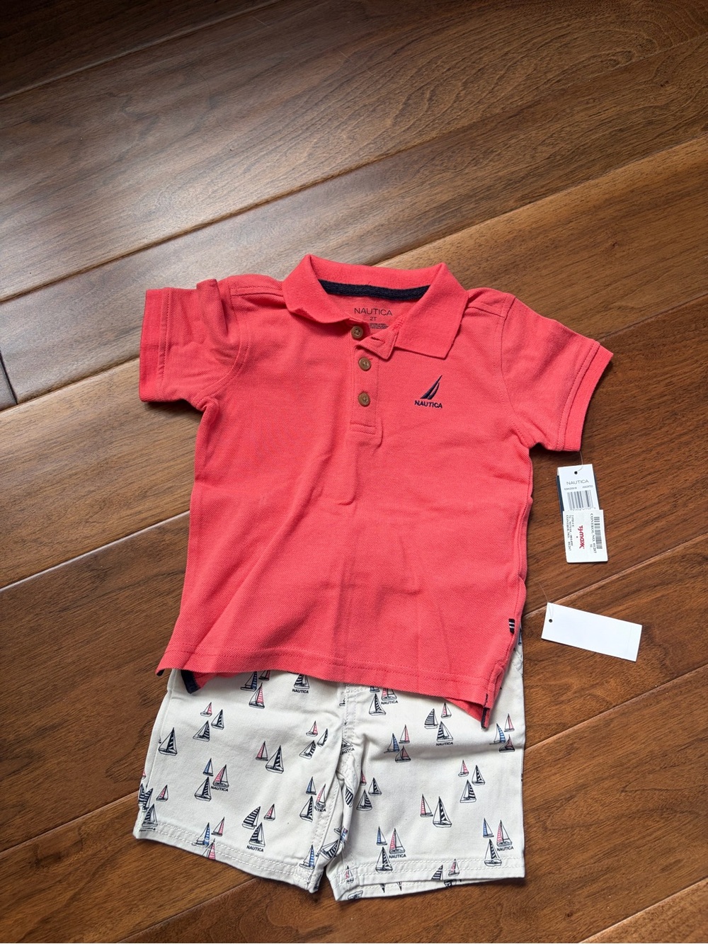 Nautica Coral Red Boys' Polo Shirt & sailboat Short set 2T - NWT